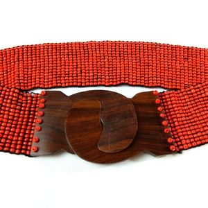 Beaded Stretch Belt With Wood Clasp Cinch Clip